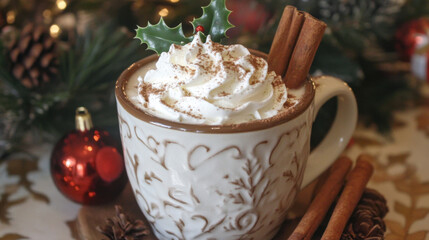 A close-up of a hot cup of cocoa with whipped cream