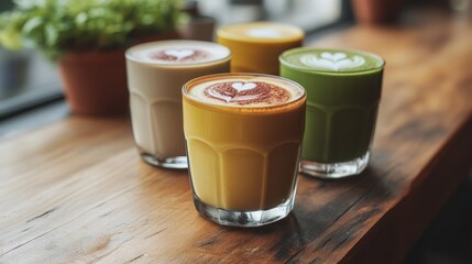 Colorful lattes on wooden table with latte art in cozy cafe setting