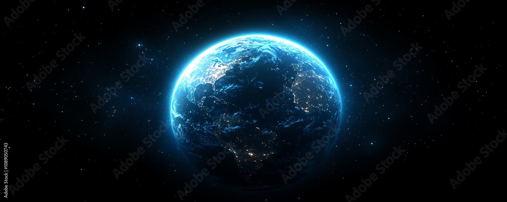 Poster digital earth planet with blue glowing lights, network and global connectivity on tech background, f
