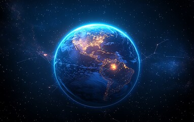 Fototapeta premium Digital Earth planet with network connections, blue glowing light effect, global connectivity, hightech background, technological world view