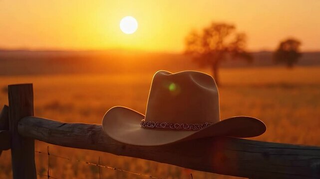 Cowboy Hat on Fence at Sunset, Rural Landscape Scene