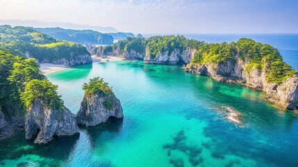 Stunning Aerial View of Tropical Beach and Clear Blue Water Surrounded by Lush Green Trees and Rocky Cliffs on a Bright Sunny Day