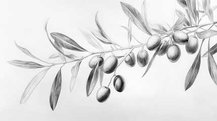 detailed pencil sketch,branch with olives, delicate lines, realistic textures, white background