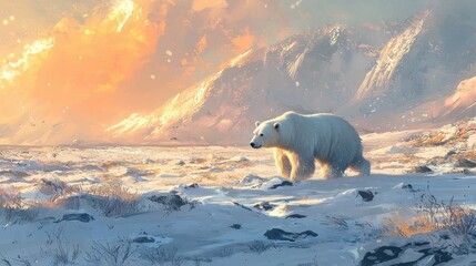 Majestic Polar Bear Trekking Across a Snowy Landscape Against a Stunning Sunset in a Remote Arctic Environment
