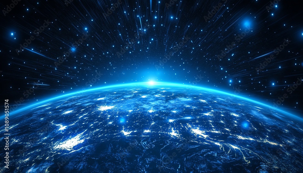 Poster digital representation of earth on technology background, glowing blue lights, global connectivity, 
