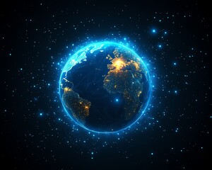 Fototapeta premium Digital planet Earth surrounded by glowing blue lights, global network and connectivity concept, hightech background, futuristic technological world