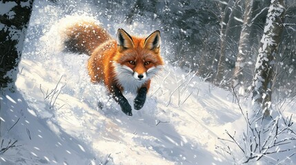 Red Fox Tracking Through Snowy Forest Landscape, Blending with Natural Surroundings, Captivating Scene of Wildlife in Winter Wonderland