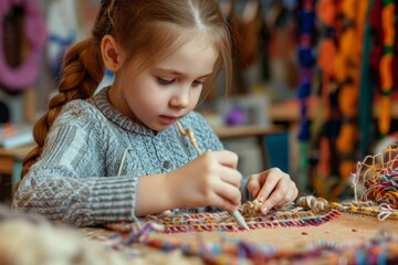 Little girl wearing apron concentrating during arts and crafts activity in preschool classroom