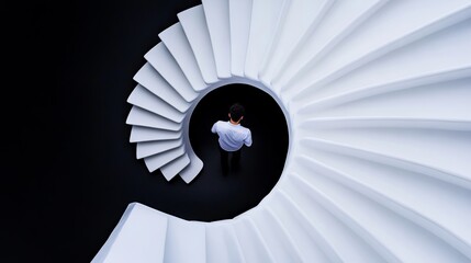 A man standing in the middle of a spiral staircase