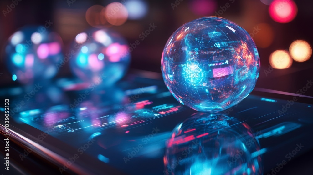 Poster Three glowing digital spheres hover above a sleek surface, emitting colorful light patterns.