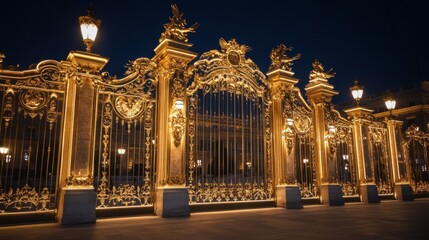 Fototapeta premium Exquisite Golden Gate at Night with Illuminated Lanterns and Ornate Details, Showcasing Architectural Splendor and Elegance of Historic Landmark