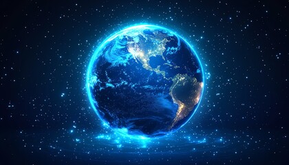 Earth as a digital planet with blue glowing lights, technology background, global connectivity, network concept, futuristic data and communication