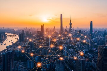 Naklejka premium Illuminated Cityscape: A Stunning Sunset Skyline with Network Connections