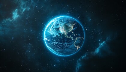 Fototapeta premium Earth as a digital planet with blue glowing lights, technology background, global connectivity, network concept, futuristic data and communication