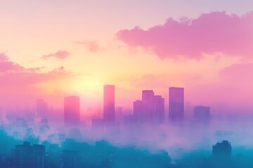 Fototapeta premium Dreamy Cityscape: Pastel Sunrise over Fog-Shrouded Skyscrapers. A captivating urban landscape bathed in soft pink, purple, and blue hues at dawn.