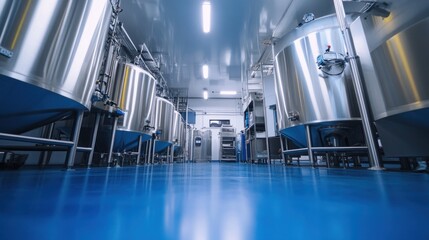 Fototapeta premium A large industrial building with many tanks and pipes. The tanks are silver and the floor is blue