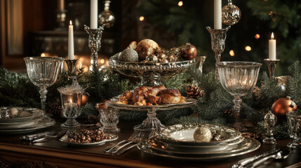 Fototapeta premium A festive table set with a Christmas feast, decorated with pine branches, candles, and sparkling ornaments.