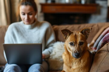 Young woman student freelancer wearing headphones sitting on the sofa with a dog holding a laptop in her hands, concept of leisure time, distance learning work online