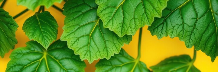 Fototapeta premium A close-up of green ivy gourd leaves with intricate veins on a yellow background, showcasing the leaf's texture and color saturation, botanical photography, greenery
