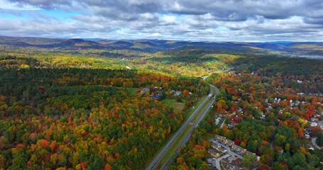 Amazing scenery of Vermont, New England, USA in autumn. Two parallel highways cross the wooded landscape. Aerial perspective. - Powered by Adobe