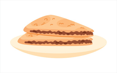 A clean and colorful vector isolated illustration of traditional Turkish flatbread with a savory filling, displayed on a plate. Ideal for culinary projects, cultural content, and food-related designs.