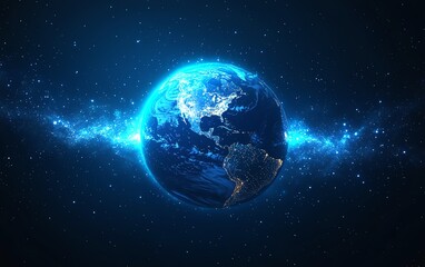 Fototapeta premium Planet Earth in digital form with blue glowing light effect, network and global connectivity, futuristic technology background, digital world concept