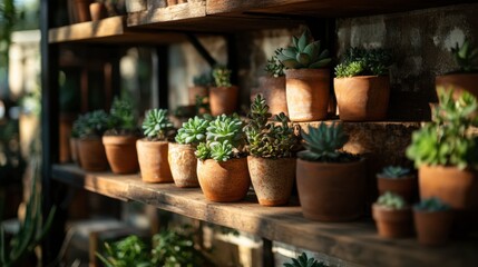 Fototapeta premium A Serene Display of Succulent Plants in Terra Cotta Pots on Rustic Shelves, Showcasing a Variety of Shapes and Textures for a Cozy Indoor Garden Atmosphere
