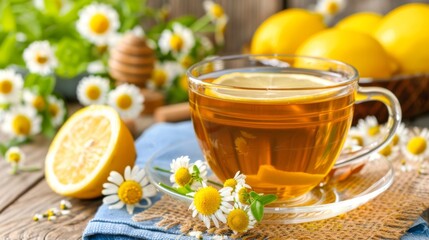 Chamomile herbal tea in a glass cup on a brown wooden table with honey, lemon and chamomile bouquet