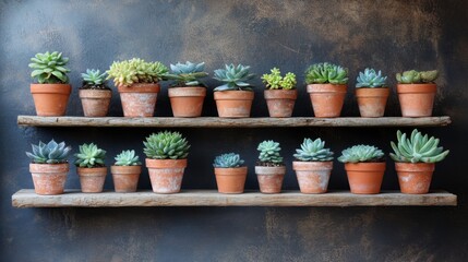 Obraz premium Display of Diverse Succulent Plants in Terra-Cotta Pots on Wooden Shelves Against Dark Background, Ideal for Interior Decor and Gardening Inspiration