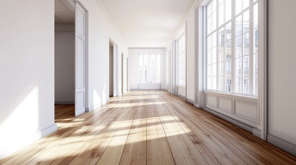 Obraz premium A large room with white walls and wooden floors. There are two windows in the room. The room is empty and has a lot of natural light