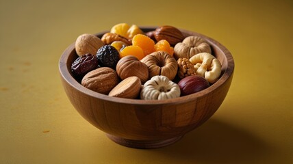 A beautifully presented bowl of mixed nuts and dried fruits, showcasing a variety of textures and colors, perfect for snacking or as a healthy addition to meals