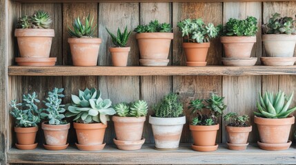 Fototapeta premium A Beautiful Arrangement of Succulent Plants in Terracotta Pots on a Rustic Wooden Shelf Displaying Fresh Greenery and Natural Beauty