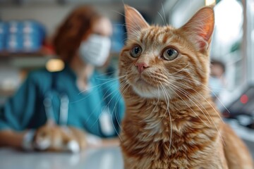 Red cat in a veterinary clinic against the background of a veterinarian
