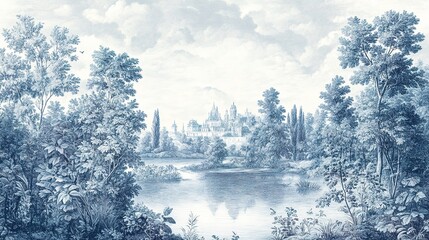 Scenic classic toile wallpaper design featuring idyllic landscape traditional aesthetic tranquil atmosphere serene viewpoint