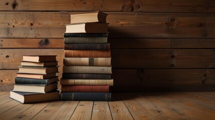A collection of vintage books stacked on a wooden floor against a rustic wooden wall creates a cozy, timeless atmosphere perfect for reading or studying.