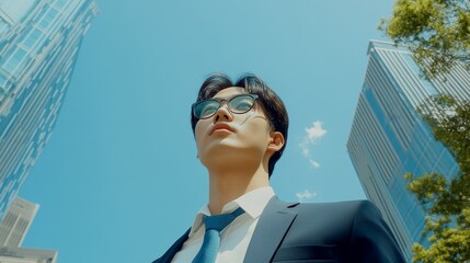 Low angle view of a businessman standing confidently against a modern building in the city, showcasing professionalism, business attire, and urban lifestyle in a corporate environment