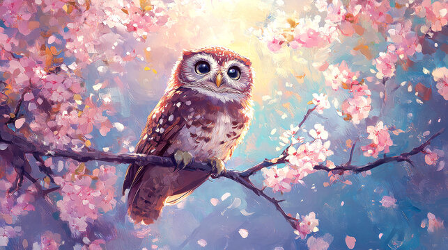owl on cherry blossom branch in spring