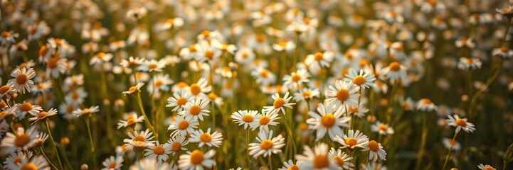 Obraz premium A field of chamomile flowers with a nostalgic feel and warm golden light filtering through the petals, garden decor, nature photography, wildflowers