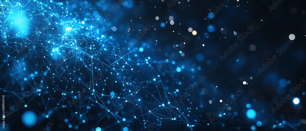 Fototapete abstract digital waves on dark blue background, glowing dots representing blockchain technology, big