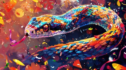 Fototapeta premium A vibrant, colorful snake with scales and a forked tongue, surrounded by confetti-like shapes in a digital art style.