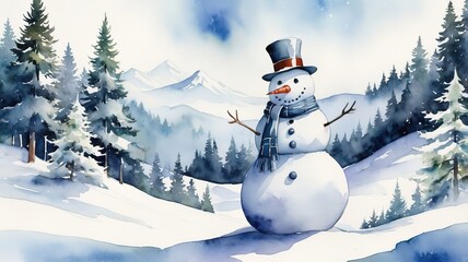 Obraz premium Wintery watercolor illustration of a snowman with accessories, set against a snowy hill and pine tree backdrop. 