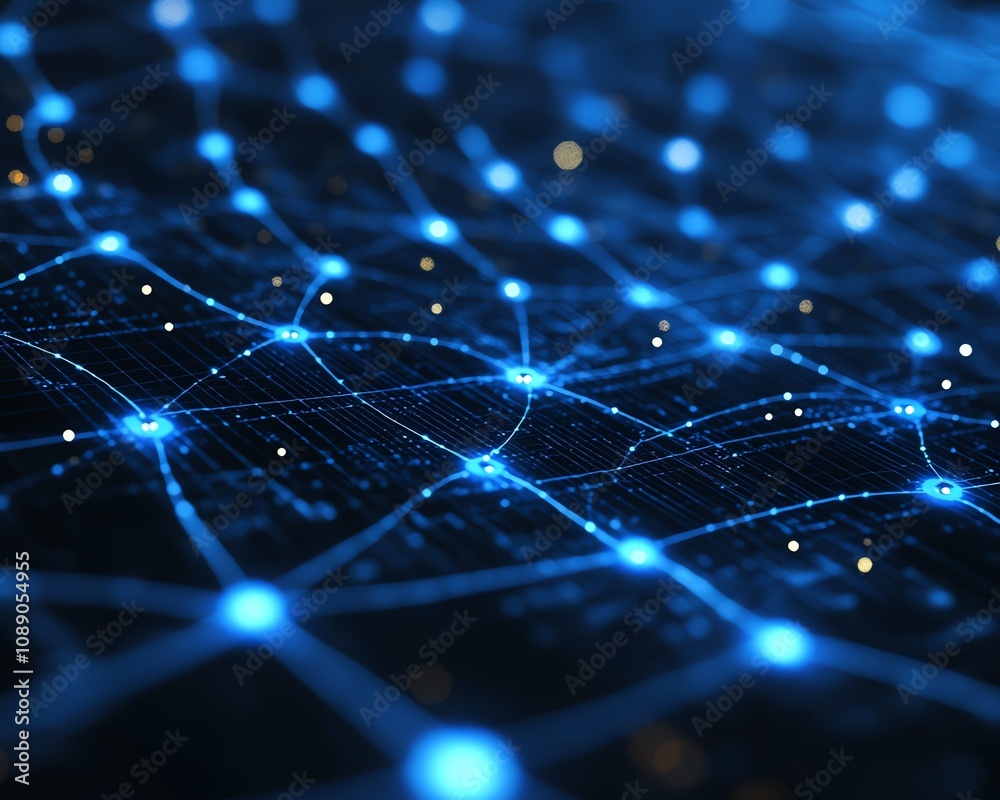 Poster Blockchain technology concept with dark blue background, digital waves and glowing dots, abstract representation of big data network connections
