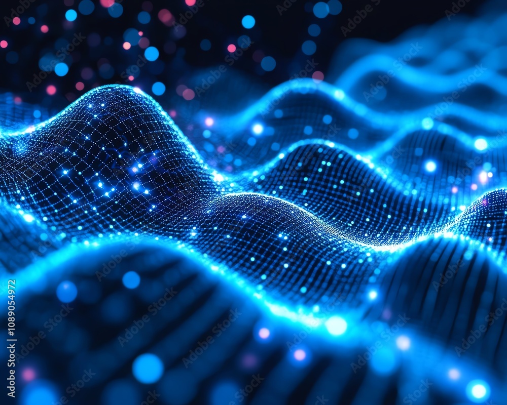 Aufkleber blockchain technology concept with dark blue background, digital waves and glowing dots, abstract re