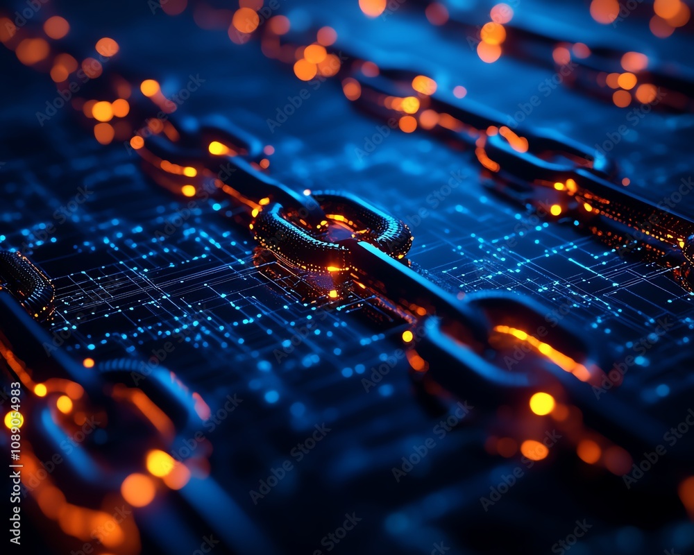 Aufkleber blockchain technology concept with dark blue background, digital waves and glowing dots, abstract re