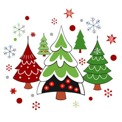 Five stylized Christmas trees of varying sizes with simple decorations against white snowy background. Cartoonish holiday design features scattered snowflakes and festive red and silver dots. 