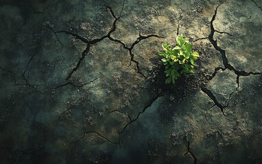 Obraz premium Brown cracked earth with small green bush growing in cracks, symbol of hope and resilience against climate change, environmental impact and survival