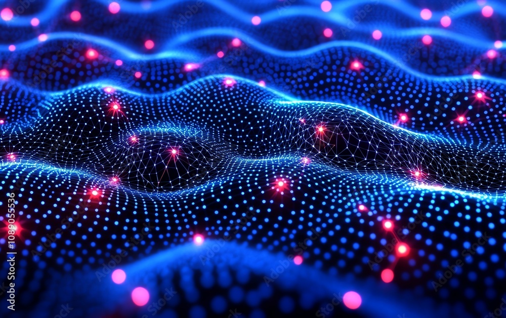 Fototapete dark blue background with blockchain technology waves and glowing dots, abstract representation of b