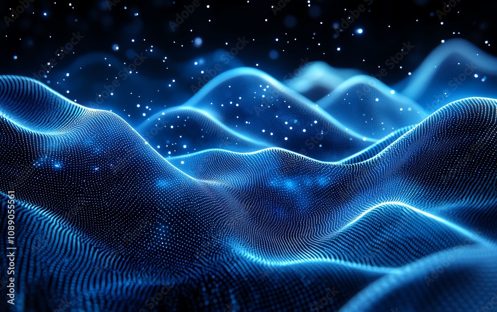 Fototapete dark blue background with blockchain technology waves and glowing dots, abstract representation of b