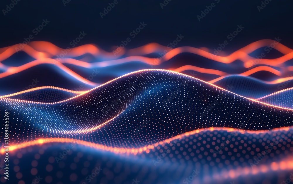 Fototapete dark blue background with blockchain technology waves and glowing dots, abstract representation of b