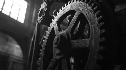 Close-up view of massive old black gears in monochrome tones. Abstract industrial background showcasing mechanical precision, vintage machinery, engineering concepts with a focus on texture and detail